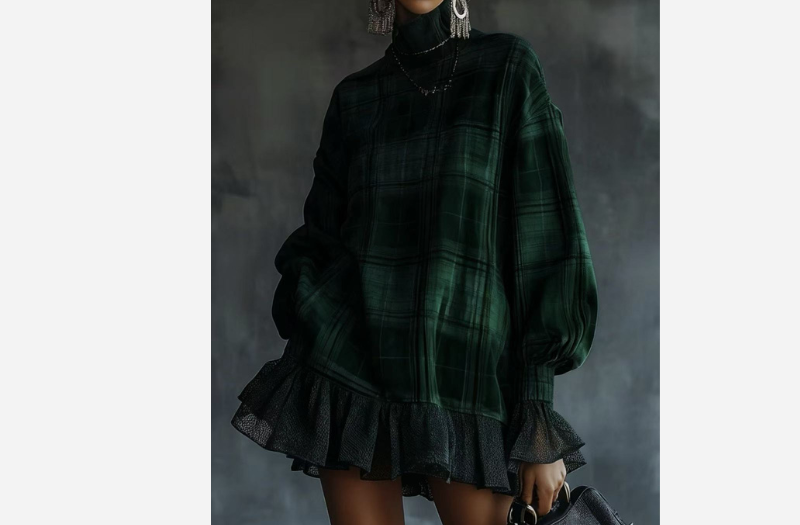 Women's dress designed with a checkered pattern and a ruffled hem