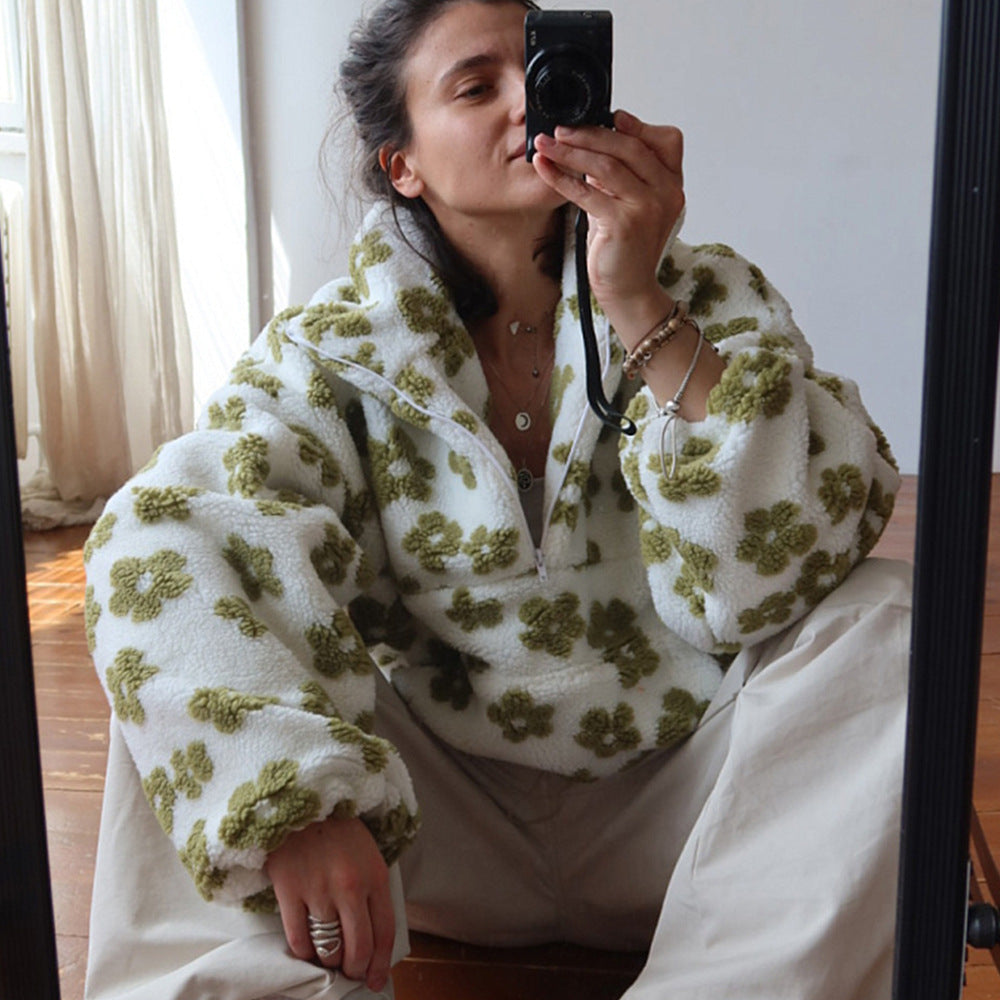 Sheepskin sweatshirt with a winter floral print