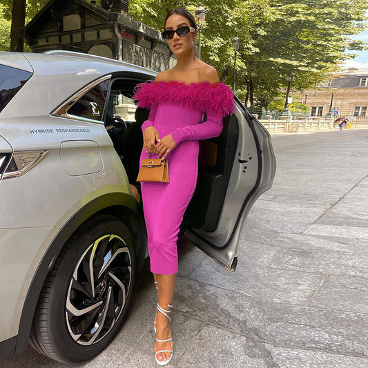 Off-the-shoulder midi dress adorned with feathers
