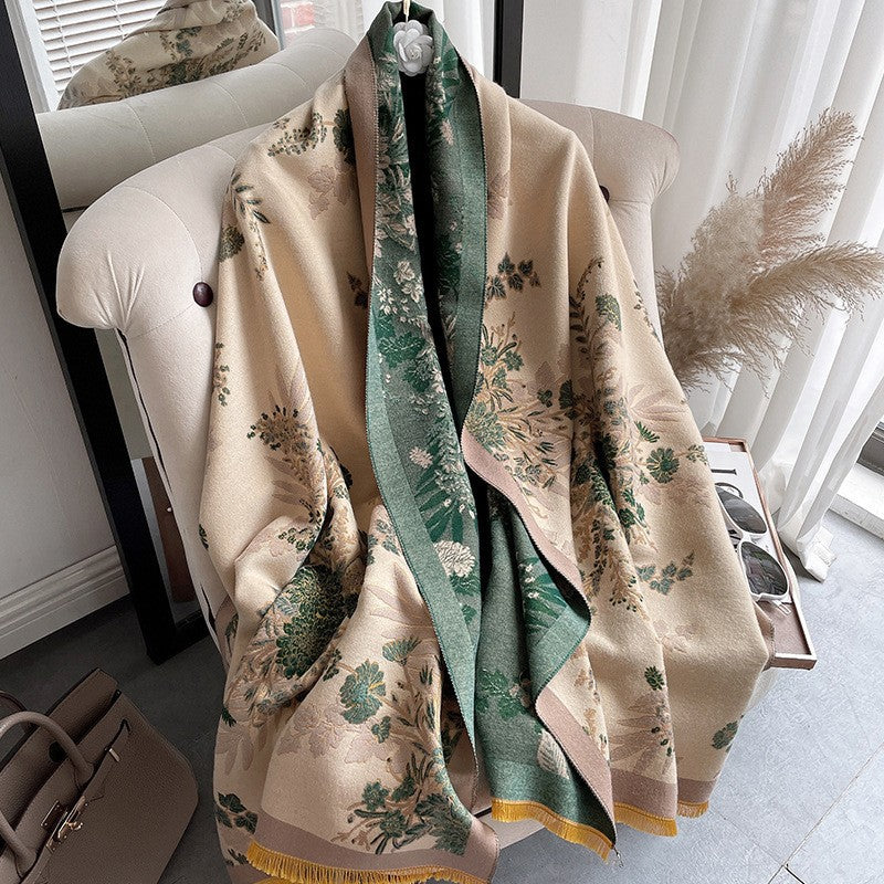 A Thick Warm Floral Tassel Shawl