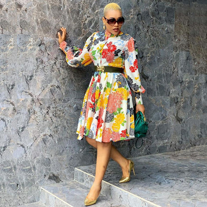 Chic Printed Mid-Length Pullover Dress