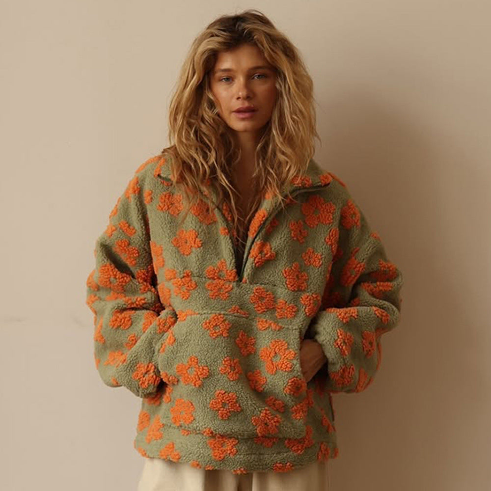 Sheepskin sweatshirt with a winter floral print
