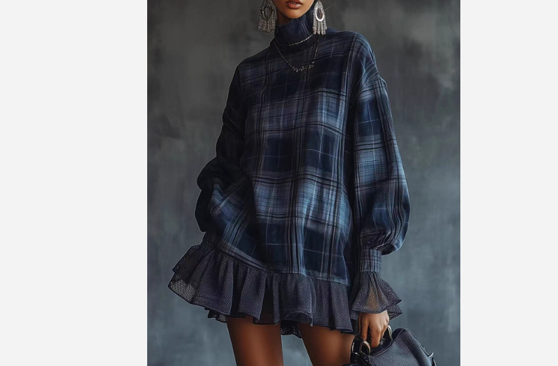 Women's dress designed with a checkered pattern and a ruffled hem