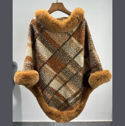 Big Fur Collar Cloak Mid-length Batwing Sleeve Pullover Classic Plaid Shawl